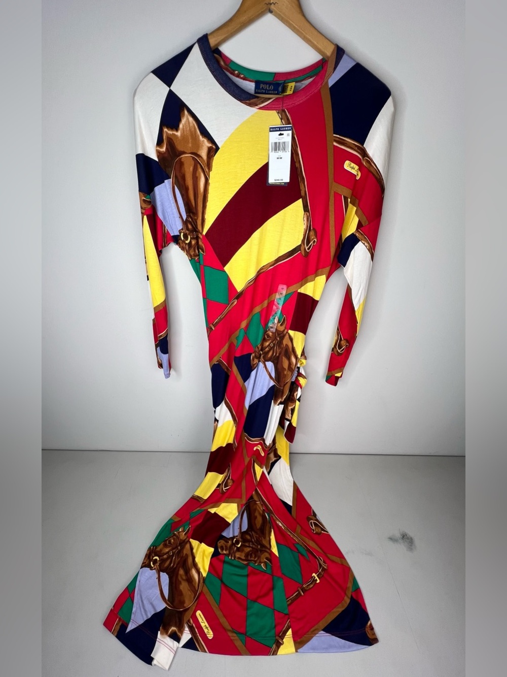 NEW Polo Ralph Lauren Faux Wrap Viscose Horse Equestrian Midi Dress Multi Size M